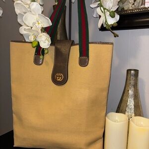 Vintage-Gucci Golden Sherry-Line Canvas Tote with Brown and Green-Red Straps